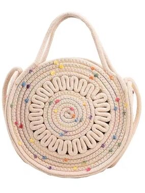 Beige Round Woven Tote Bag with Colorful Speckle Accents Leather Body Strap